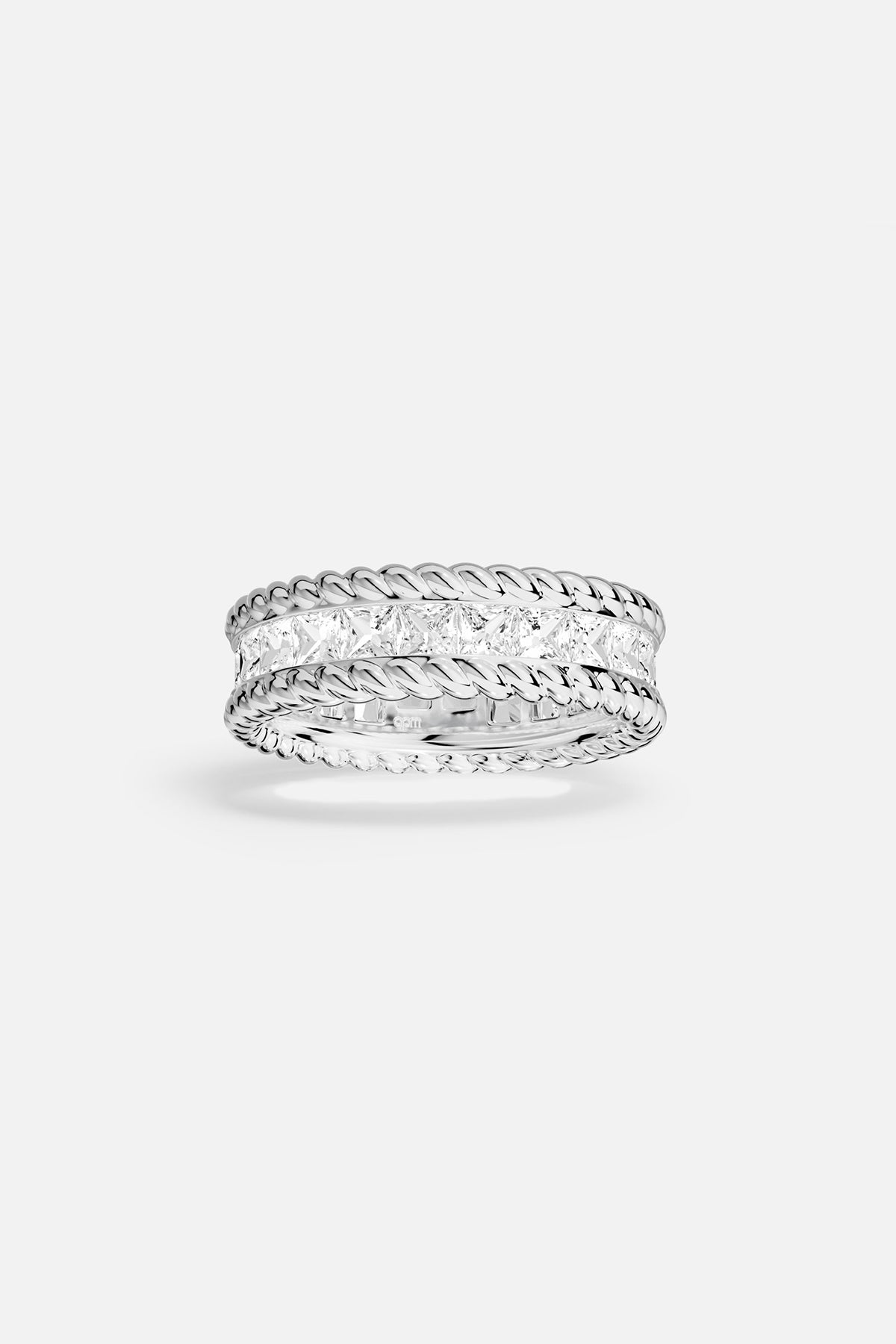 APM Ring in rhodium finish, twisted rope lines framing a sparkling modern edge.
