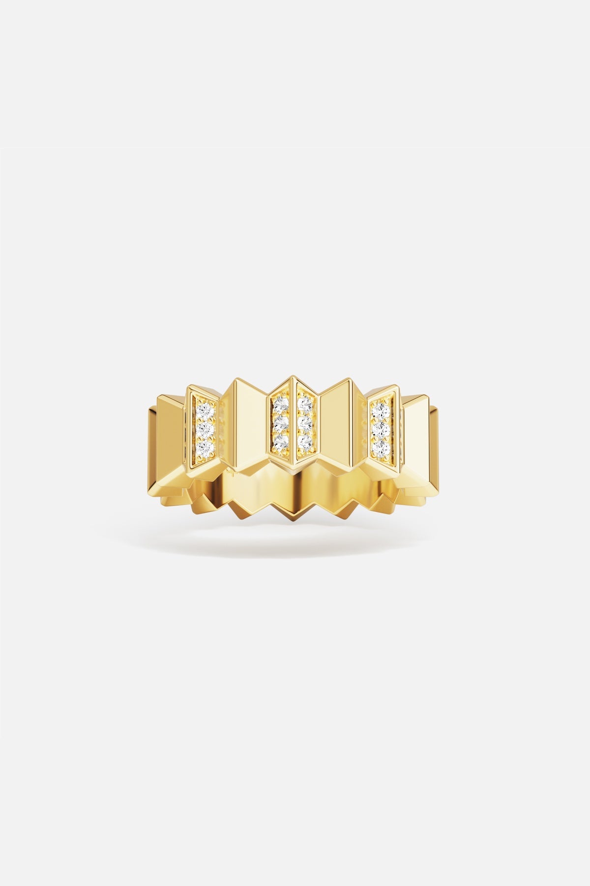 APM Ring in golden color, bold architectural edges with a modern art deco spirit.