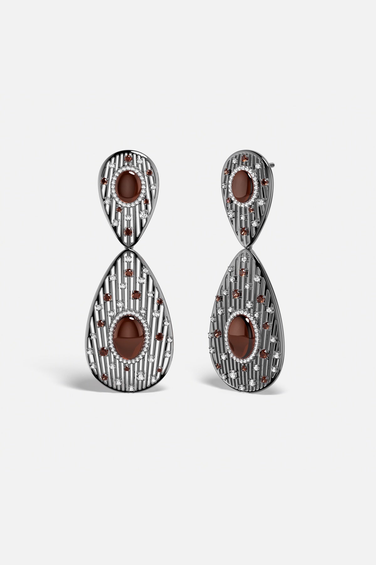 APM drop earrings in deep burgundy tones, a bold whisper of nocturnal elegance.