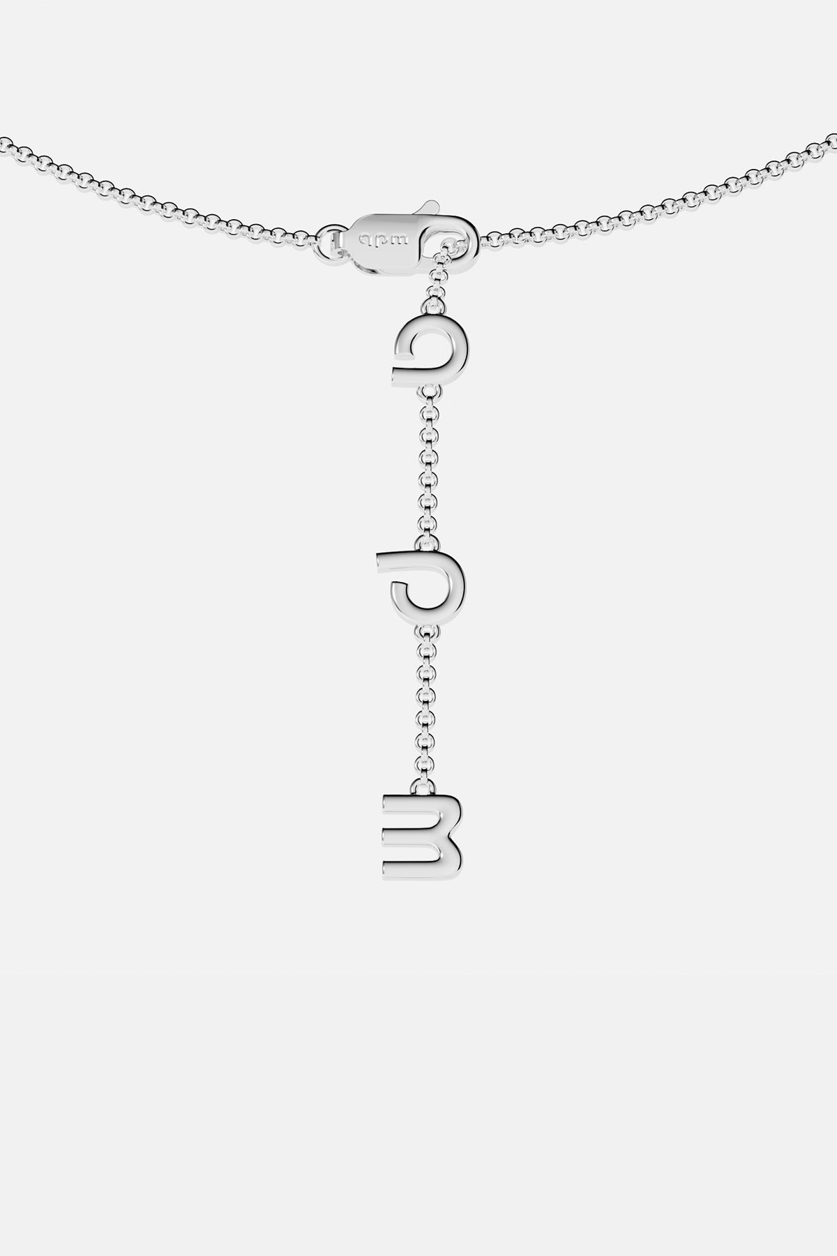 Silver necklace with hanging letter closing on a white background