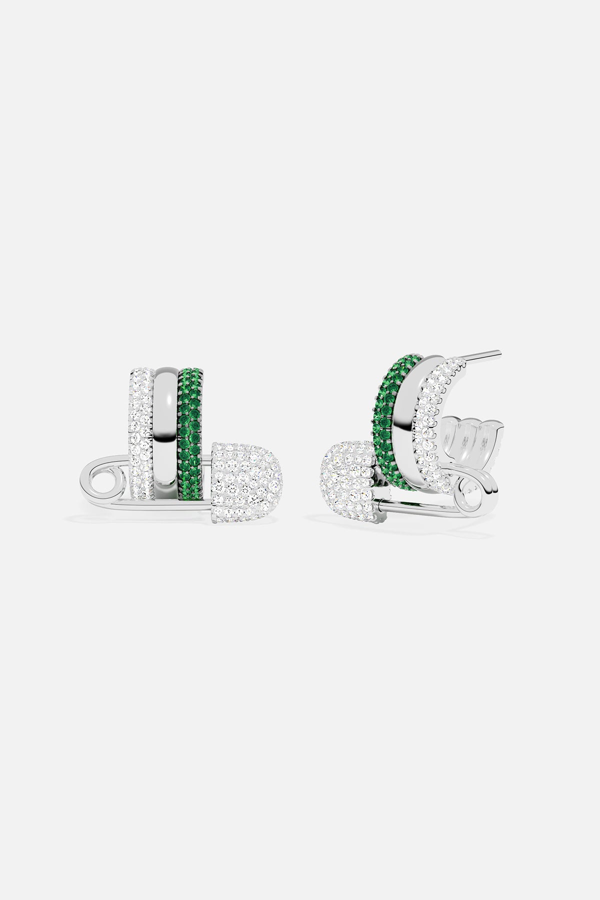 Pair of silver earrings with green stones on a white background