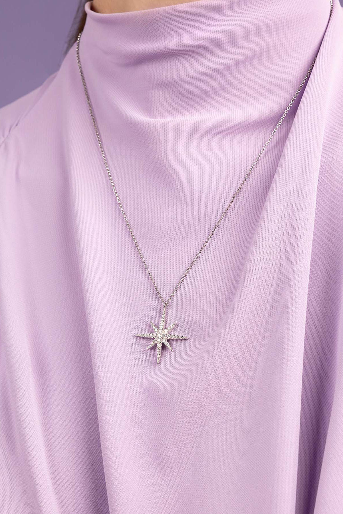 APM Monaco Meteorites Adjustable Necklace worn on model with lilac background