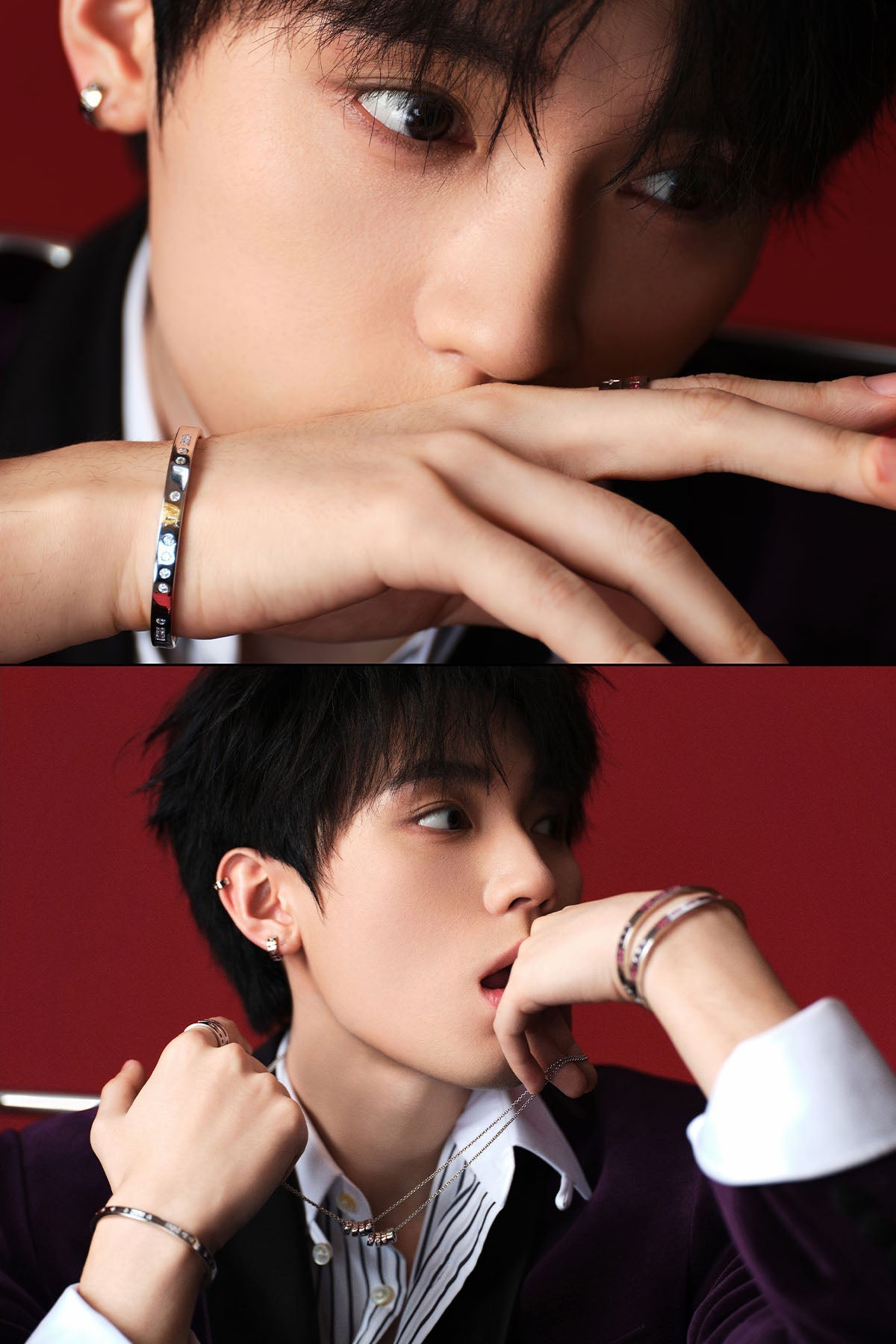 Two close-up shots of a model with jewelry on against a red background