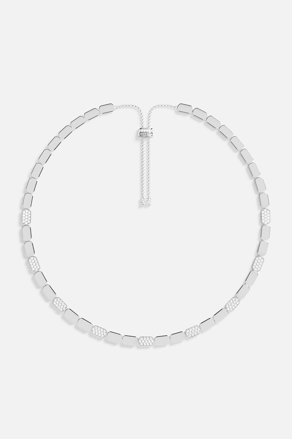 Silver tone Yacht Club necklace on a light gray background