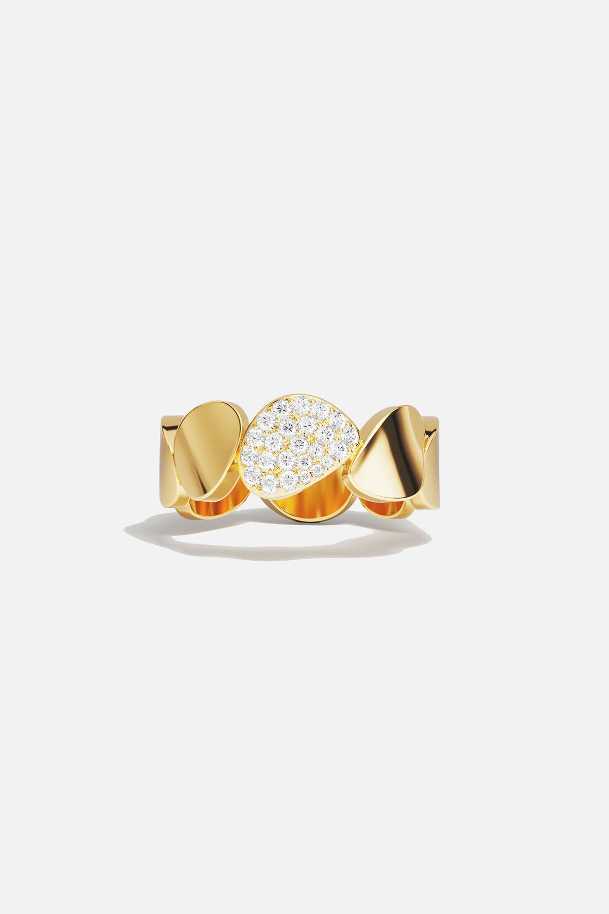 Rings APM Monaco: yellow gold ring with round and irregular segments, one segment pavé-set with white stones.