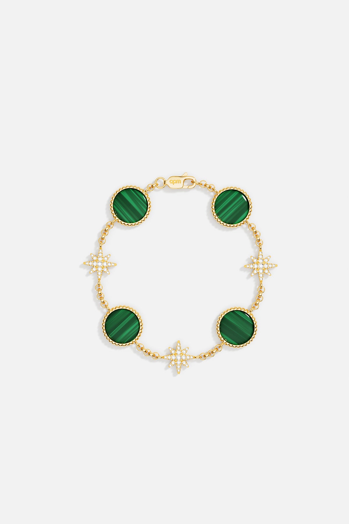 Bracelets APM Monaco bracelet in yellow gold tone featuring green malachite stones and star-shaped diamond clusters.