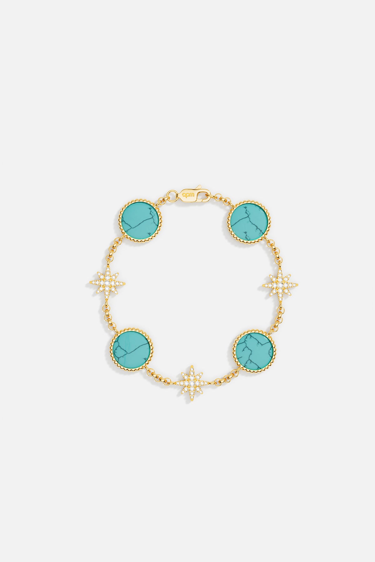 Bracelet APM Monaco in yellow gold tone with alternating turquoise stones and star-shaped crystals.