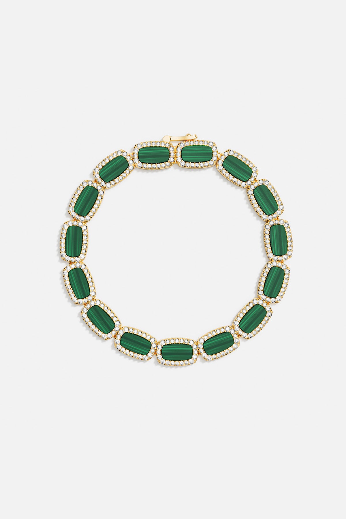 Bracelets APM Monaco, malachite stone bracelet featuring green rectangular stones set in gold with diamond pavé accents.