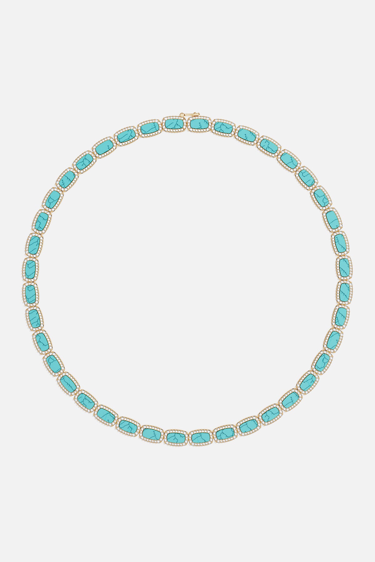 Necklaces APM Monaco, yellow gold choker with rectangular lagoon turquoise stones surrounded by clear pavé.