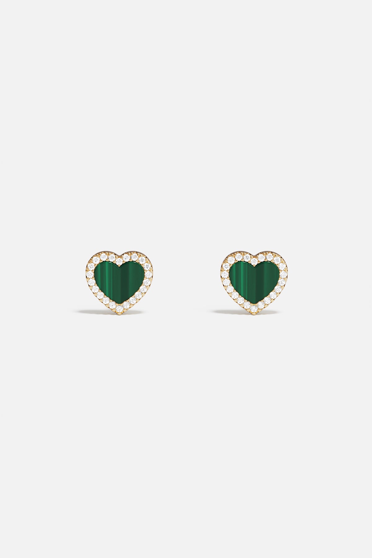 Earrings APM Monaco in yellow gold; heart-shaped malachite stone surrounded by pavé diamonds; stud style.