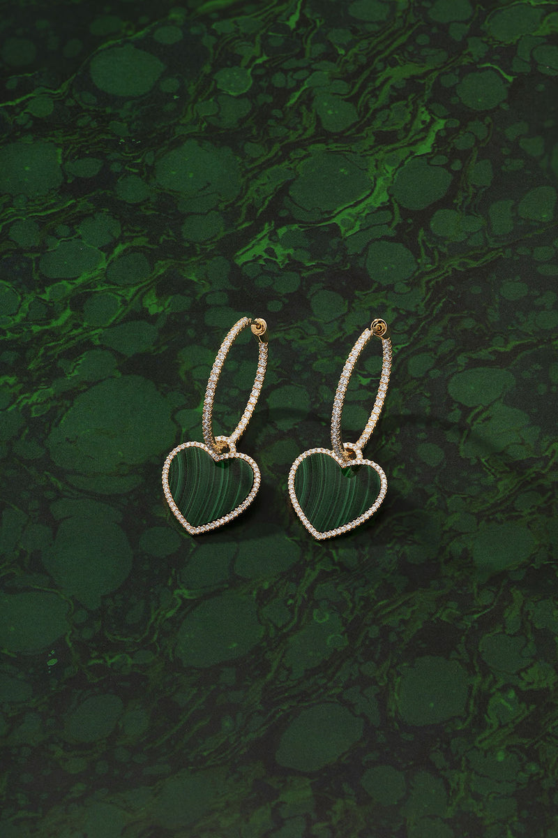 Pavé Hoop Earrings with Malachite Heart