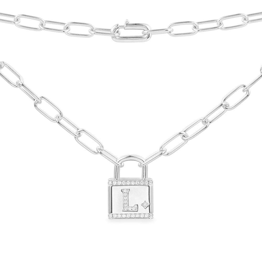Necklaces APM Monaco initial lock necklace with a white metal chain and an L-shaped padlock pendant.