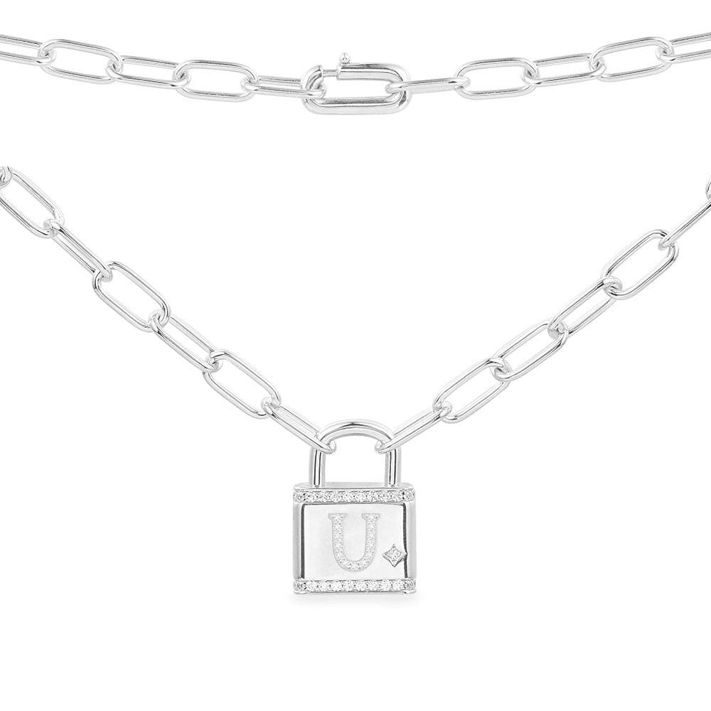 Necklaces APM Monaco: silver chain necklace with a square padlock pendant featuring the U initial.