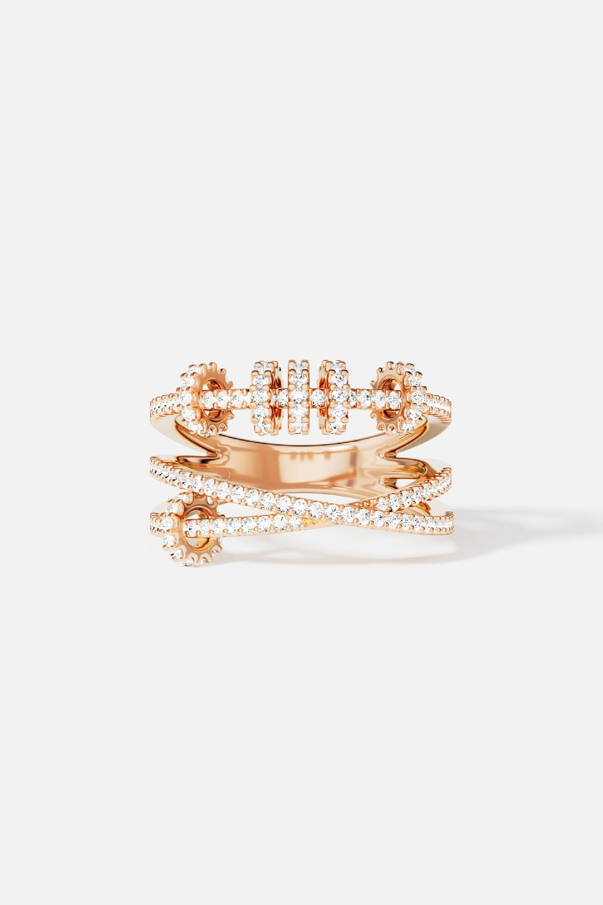 APM Ring in rose color, shimmering lines crossing with modern elegance.
