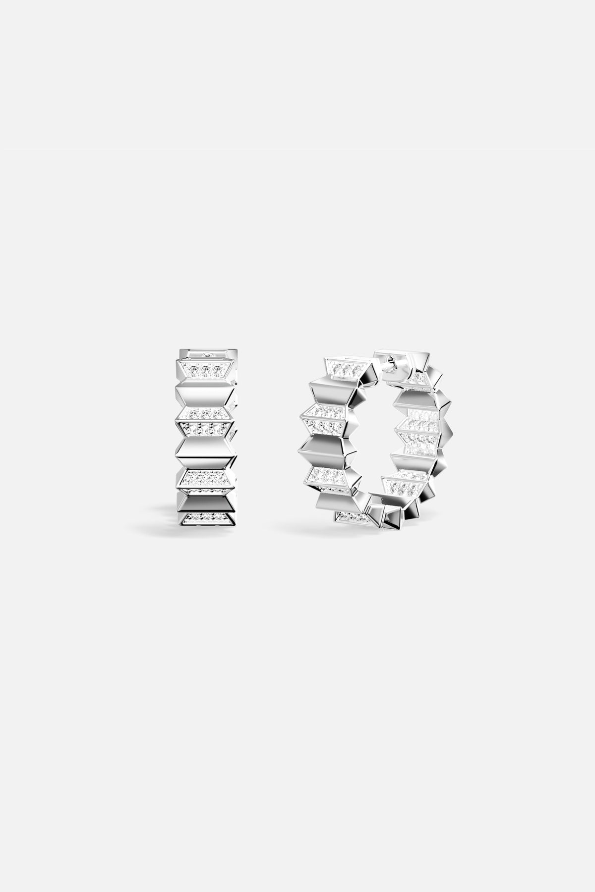 APM Hoop Earrings, sculpted geometry with rhodium finish, bold modern edge.