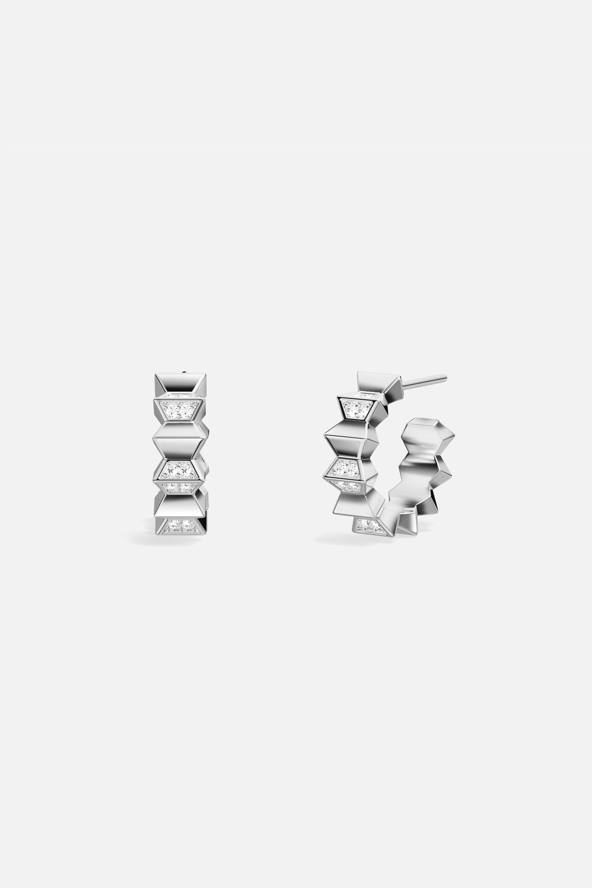 APM Hoop Earrings in rhodium finish, geometric edge with a modern sparkle.