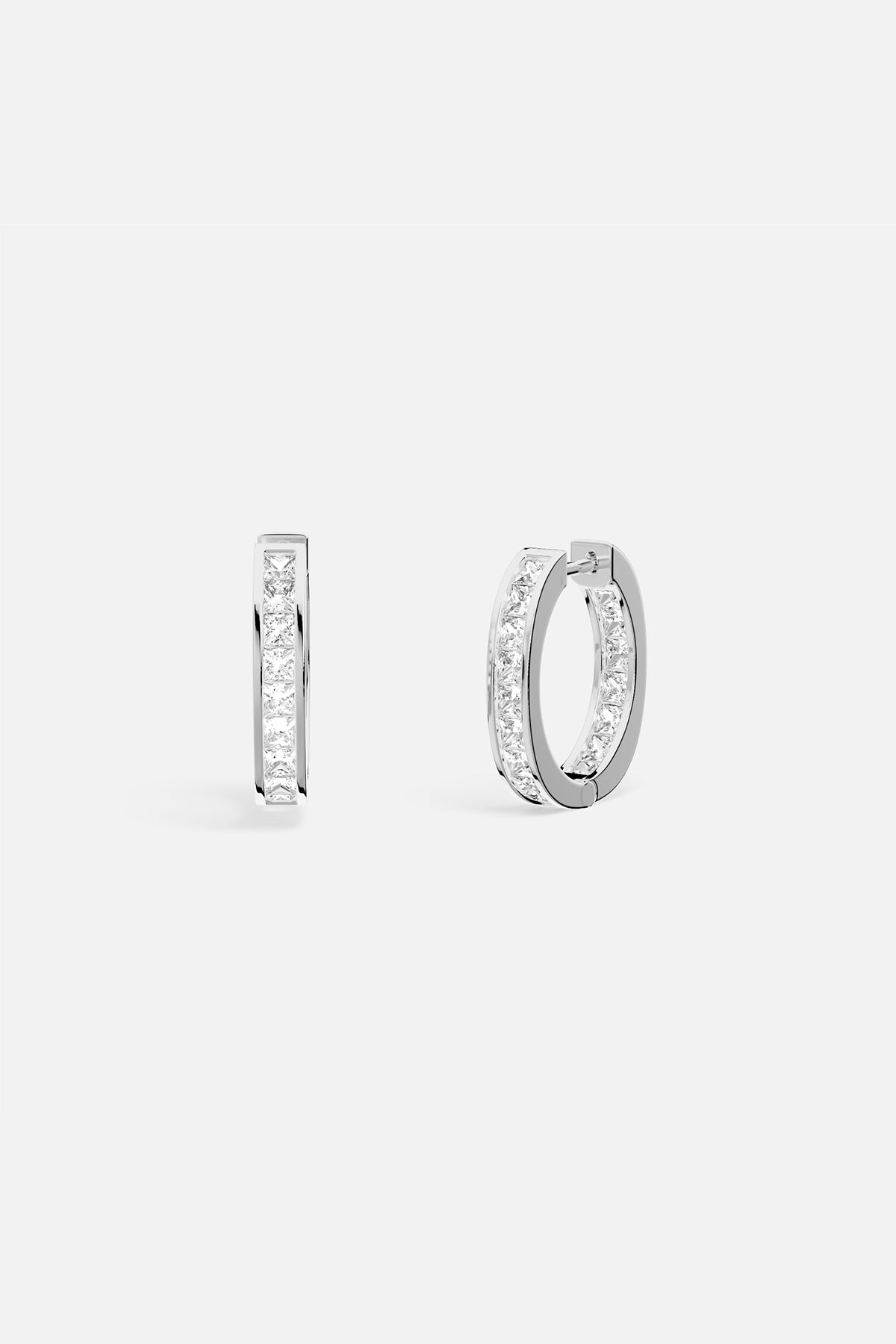 APM Hoop Earrings in rhodium finish, radiant sparkle for effortless everyday elegance.