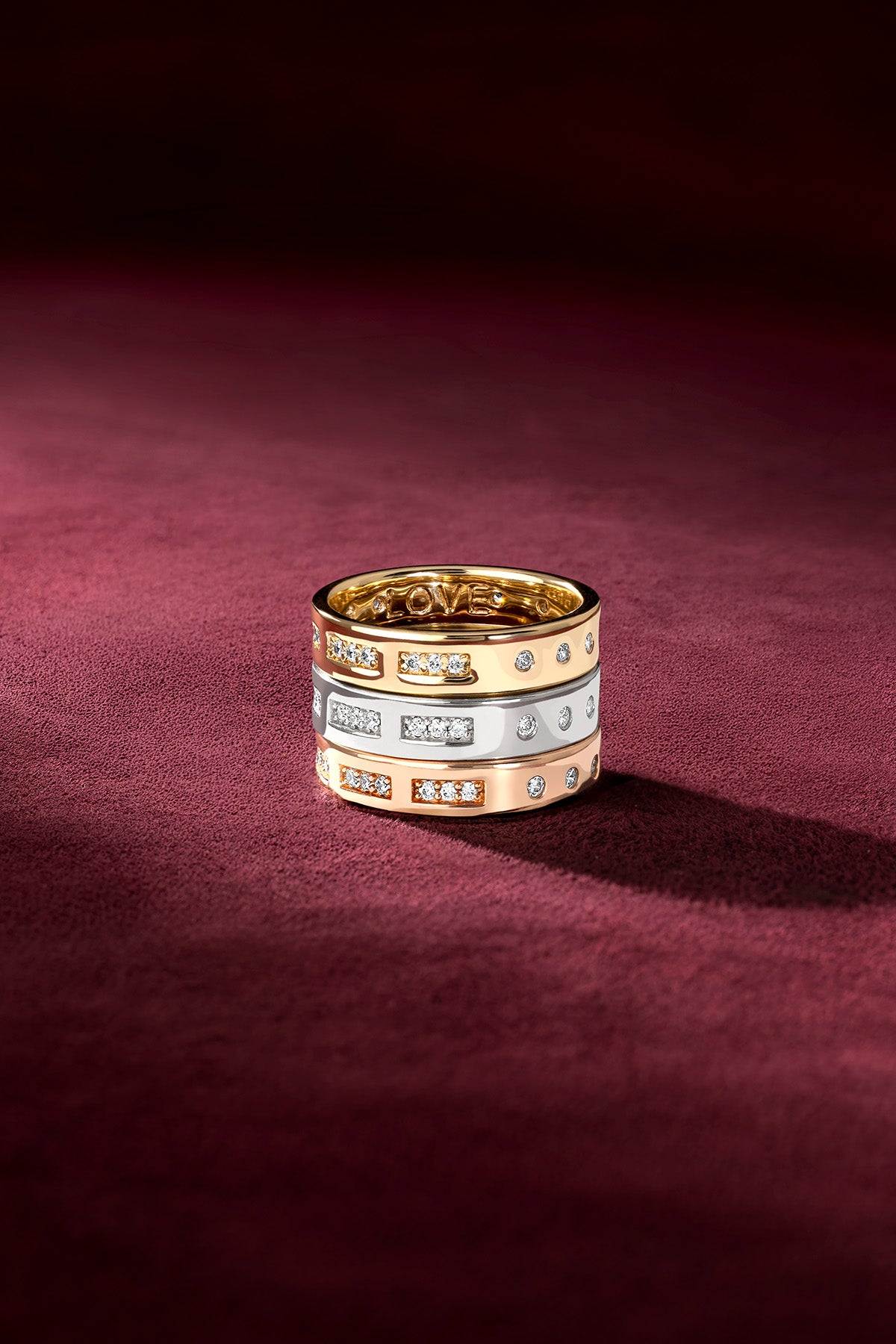 APM Morse Rings stacked in three colors, a radiant declaration of love.