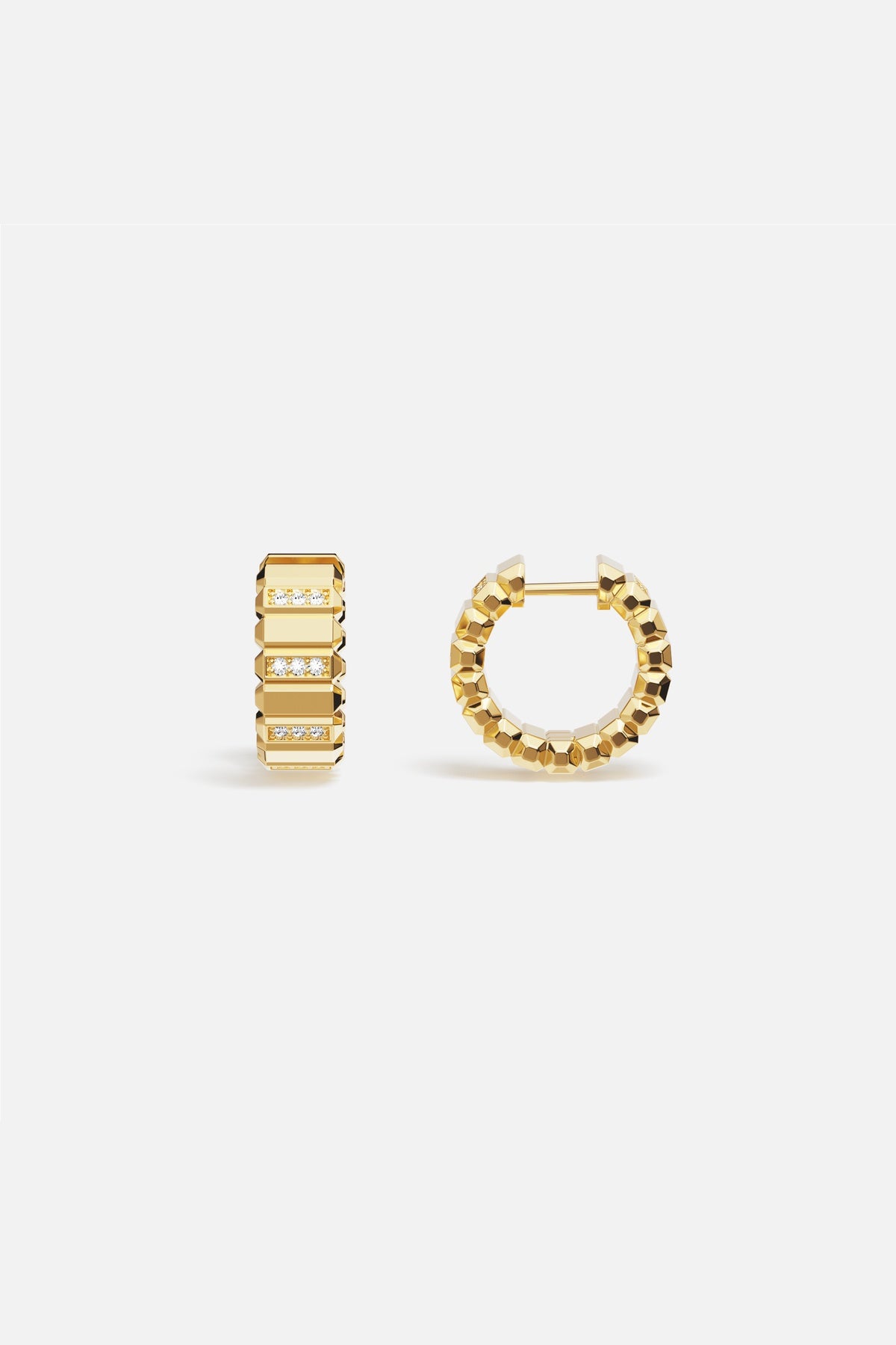 APM Hoop Earrings in golden color, faceted brilliance with a modern architectural edge.