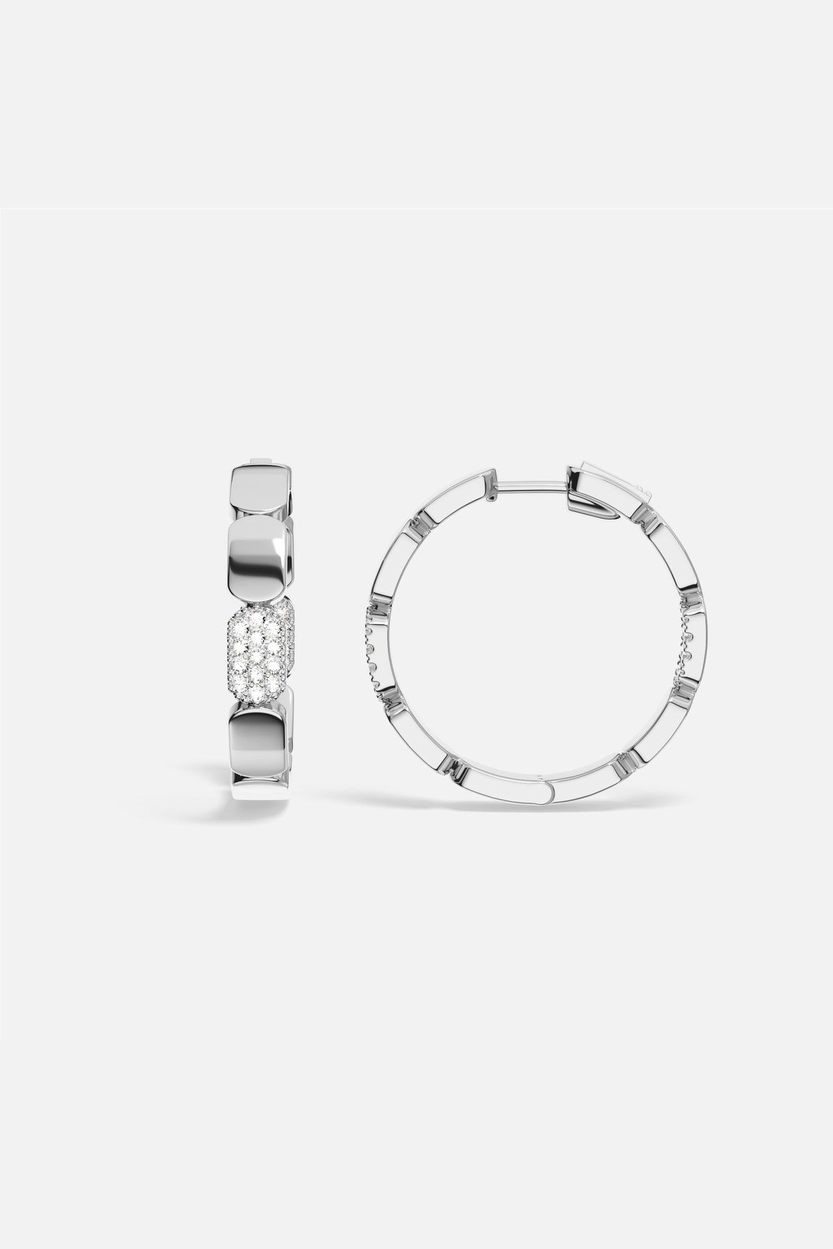 APM Hoop Earrings in rhodium finish, sculpted links with a luminous pavé whisper.