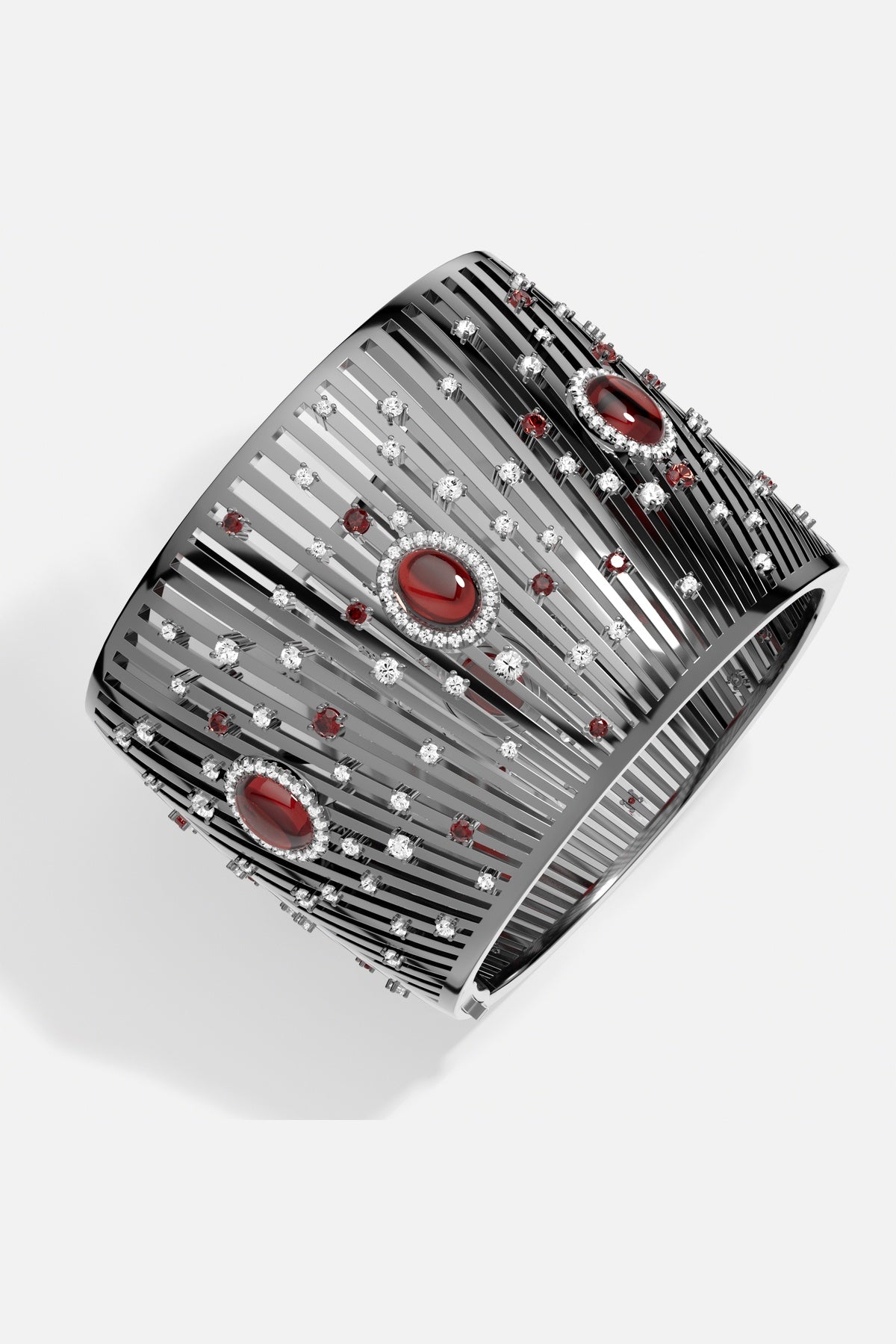 APM Cuff Bracelet in dark rhodium finish, sparkling with red and crystal constellations.