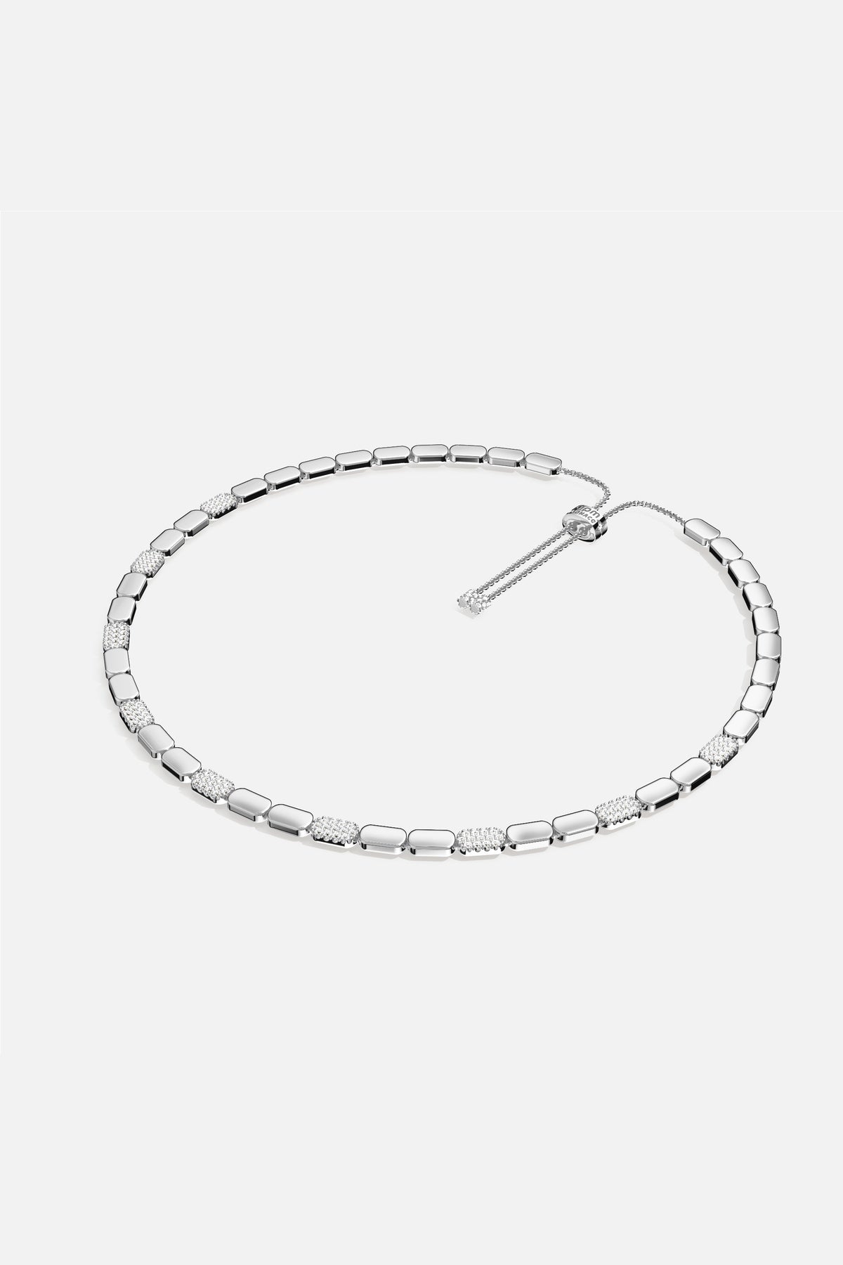 APM Necklace in rhodium finish, a sleek rhythm of polished and pavé links.