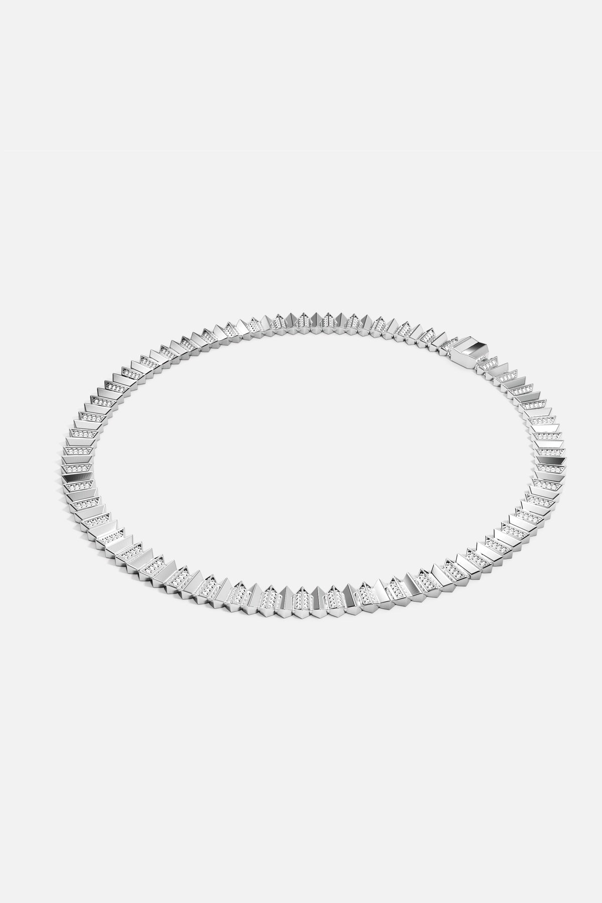 APM necklace with sharp spikes and rhodium finish, bold modern edge.