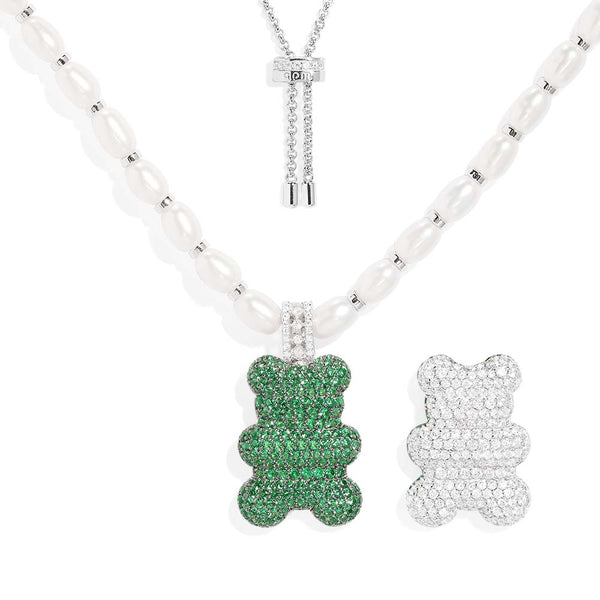 Verstellbare Halskette mit XL grünem Yummy Bear (Clip) und Perlen