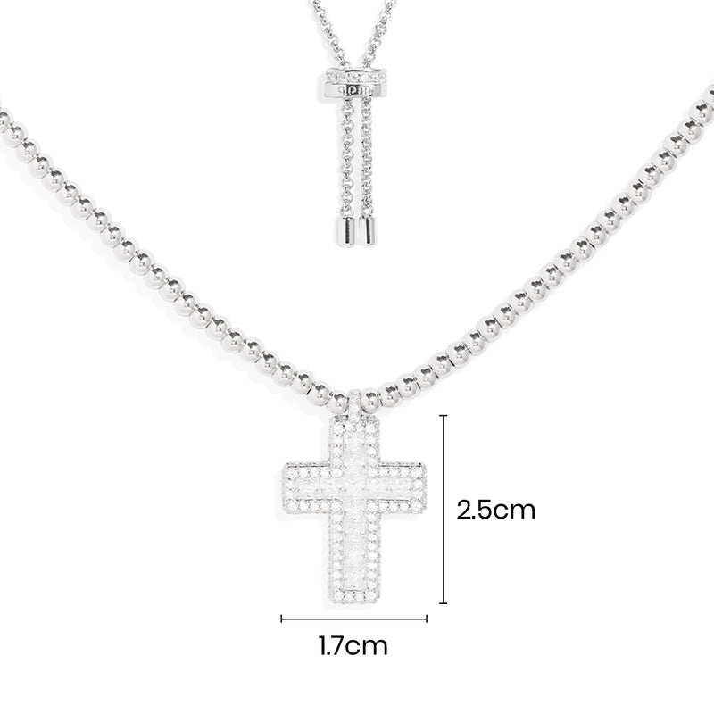 密镶十字架可调节银珠项链