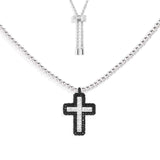 密镶黑色十字架可调节银珠项链