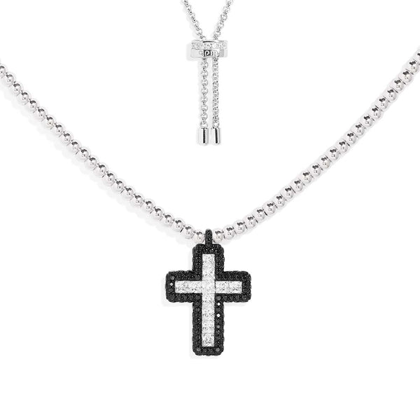 密鑲黑色十字架可調節银珠項鍊