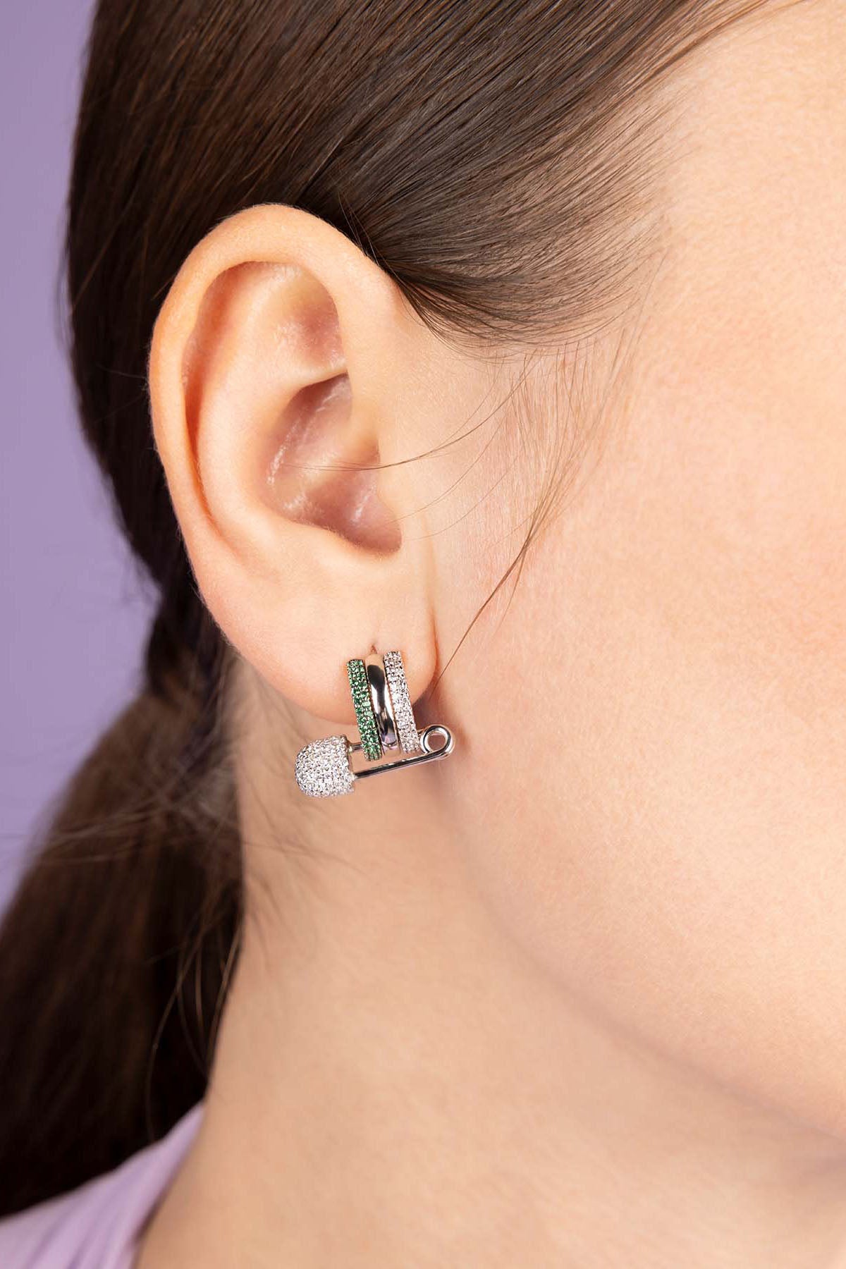 APM Monaco Safety Pin Hoop Earring Worn on ear