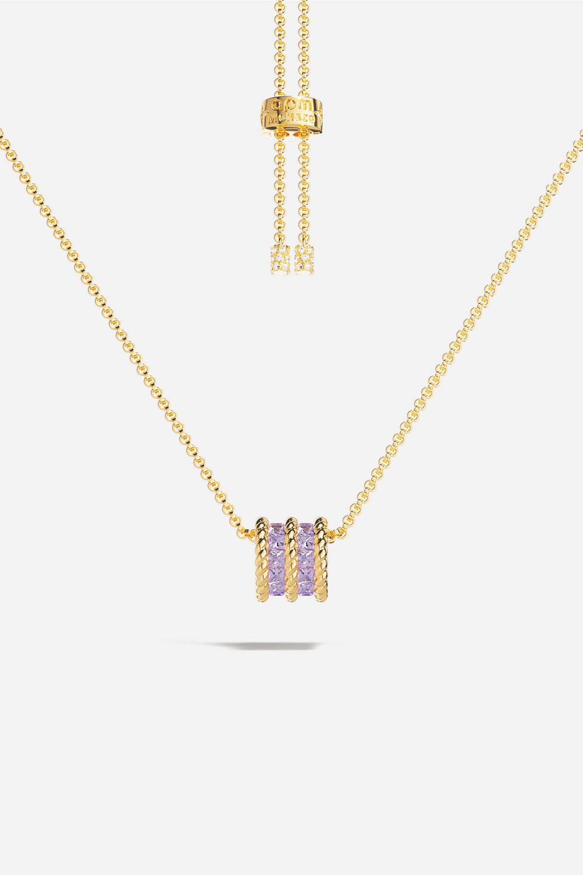 APM MONACO lilac torsade adjustable necklace in yellow gold on white background