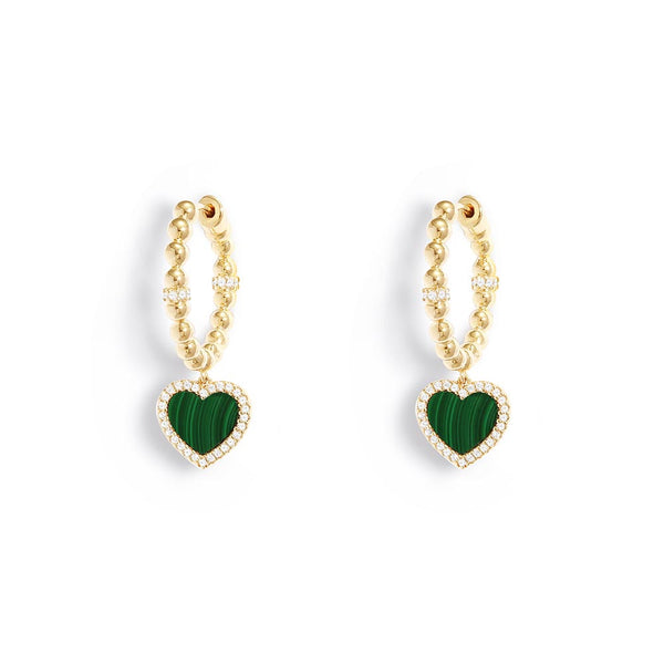 Hoop Earrings with Malachite Heart