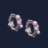 Mini Fuchsia Pavé Hoop Earrings with Pearls