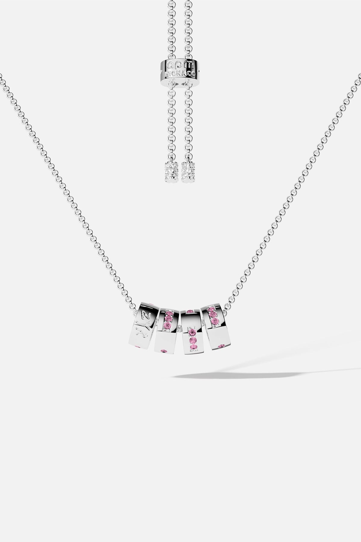 Pink LOVE Morse Rose Adjustable Necklace on a white background