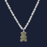 Verstellbare Halskette mit Lucky Yummy Bear-Motiv mit Perlen (Clip) – Silber