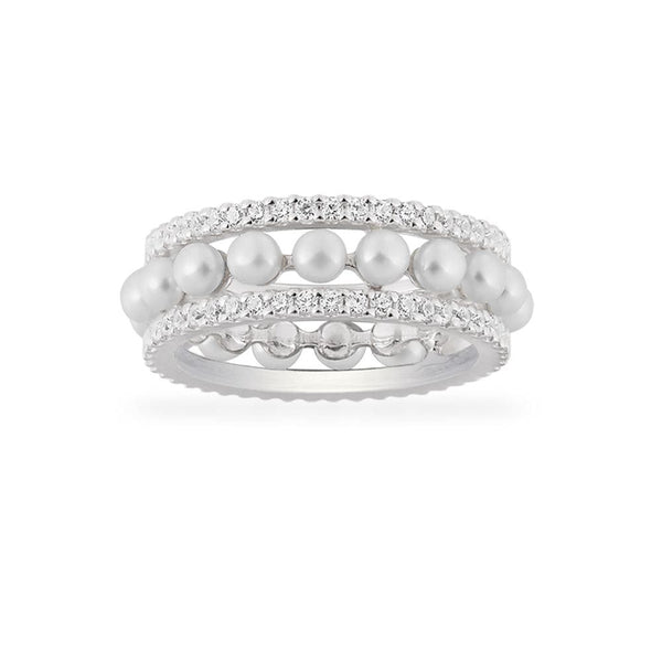 雙圈鑲嵌戒指飾珍珠 - 銀白色