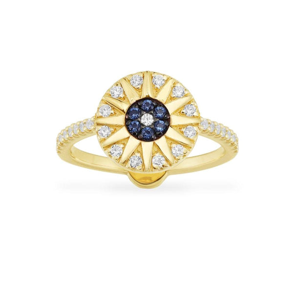 Ring mit tropischem Sonnenmotiv und blauen Steinen – Silber gelbvergoldet
