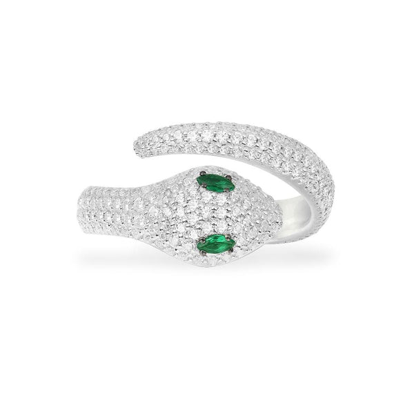 Offener Ring mit Schlangenmotiv und grünen Steinen – Silber