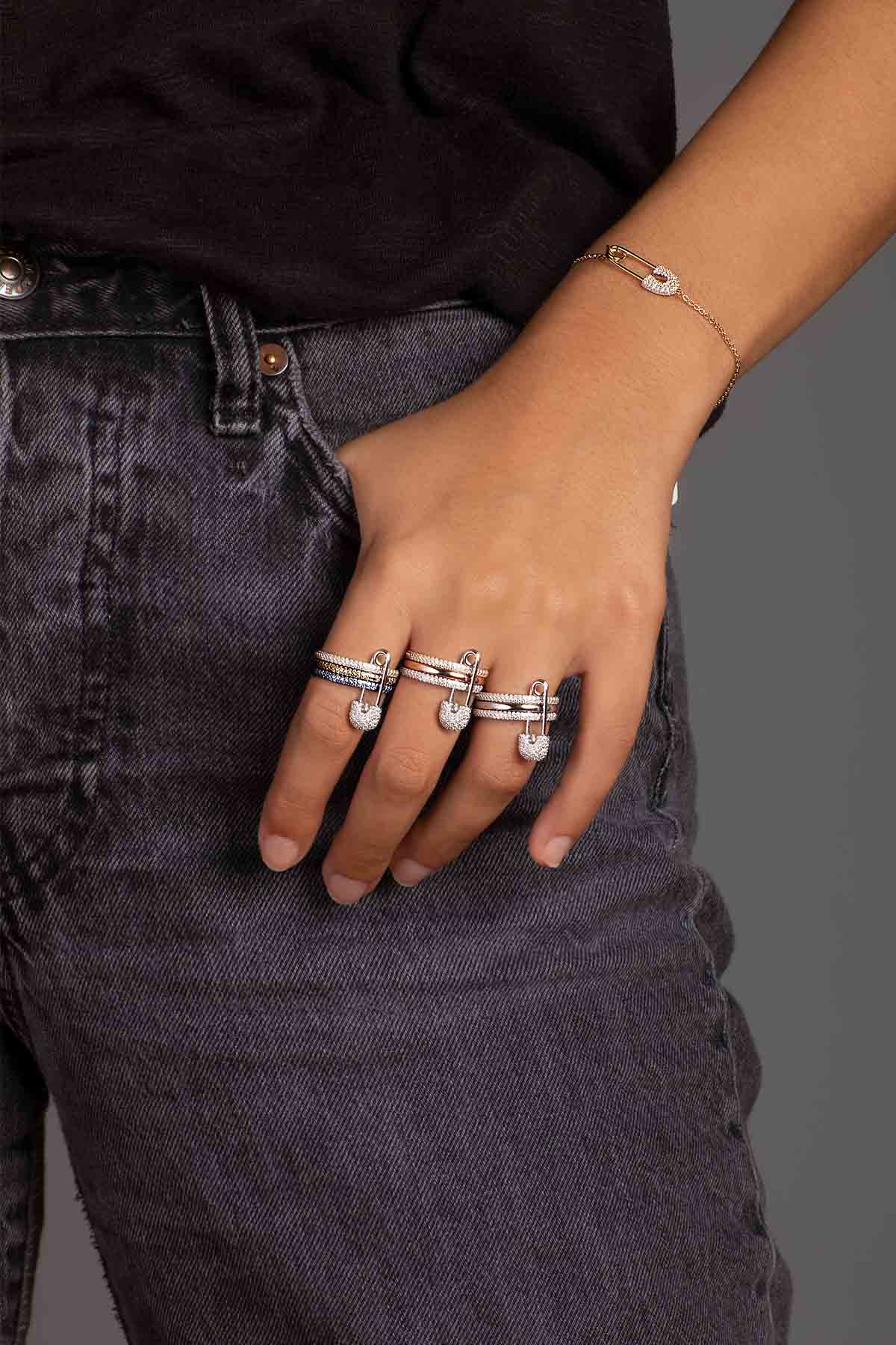 Love, Smile, Bonheur Triple Hoop Safety Pin Ring | APM Monaco