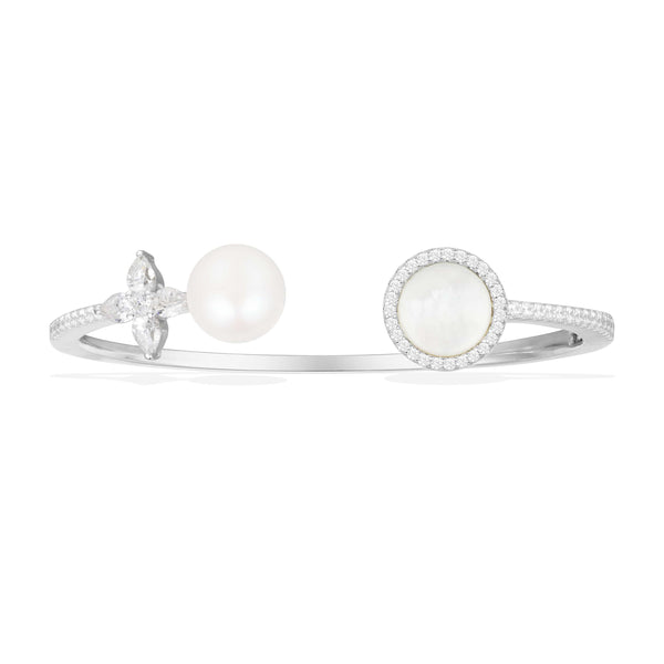 Offene Manschette mit weißem Perlmutt und Perle – Silber