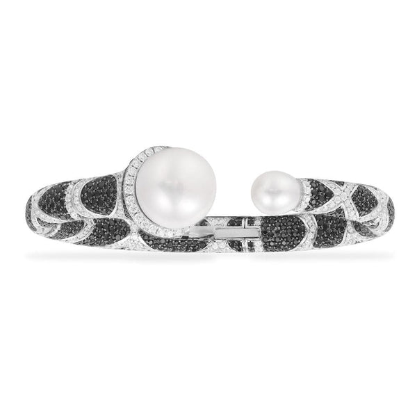 Bracciale aperto bianco e nero con perle - argento