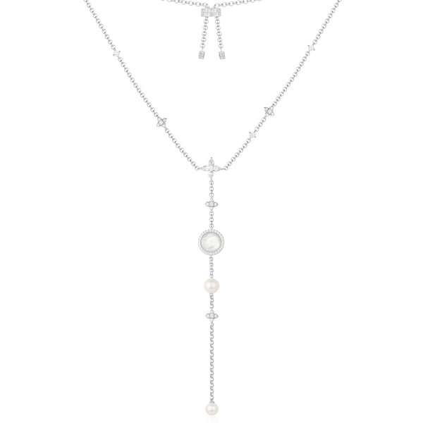 Verstellbare Halskette mit Anhänger aus weißem Perlmutt und Perle – Silber
