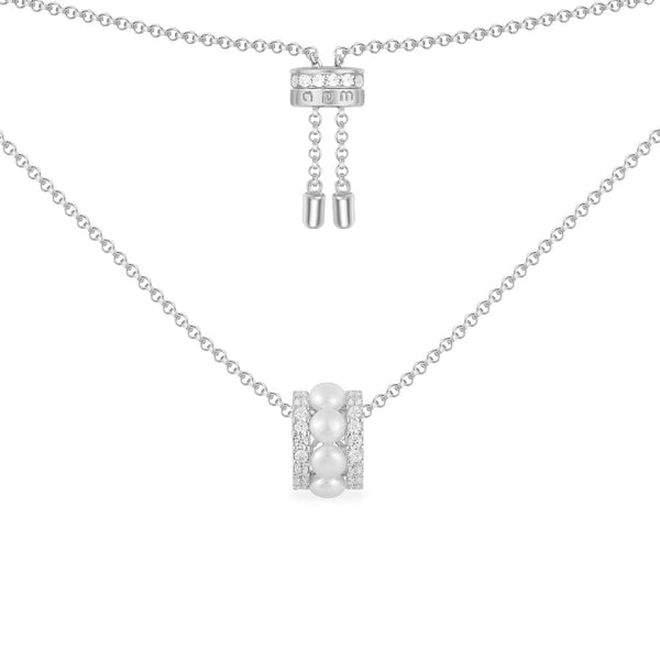 Verstellbare Halskette mit rundem Element mit Doppel-Pavé und Perlen – Silber