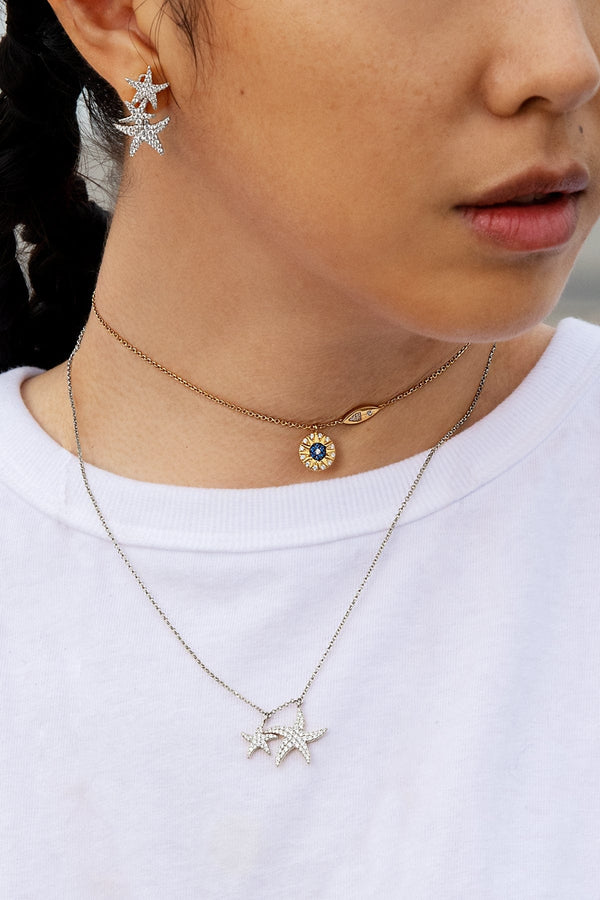 Verstellbare Halskette mit tropischem Sonnenmotiv mit blauen Steinen – Silber gelbvergoldet