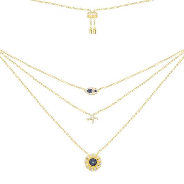 Verstellbare dreifache Halskette mit tropischen Meeresmotiven – Silber gelbvergoldet