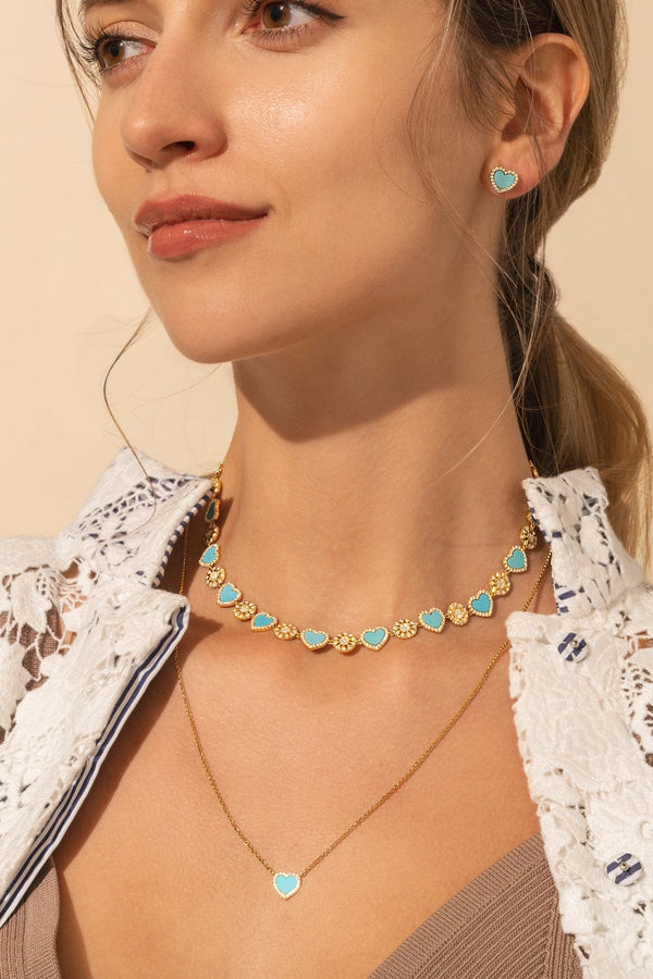 Verstellbare Halskette mit Sonne und lagunenblauem Herz – Silber vergoldet