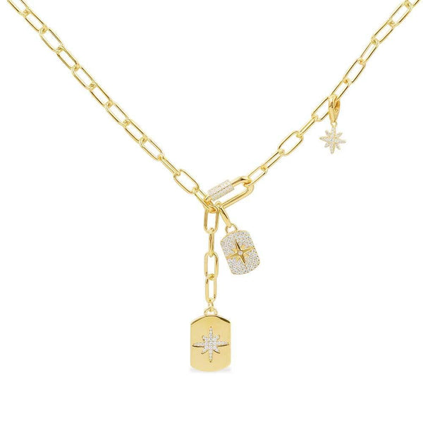 Halskette in Kettengliedoptik mit Stern mit Pavé und Météorites-Clip-Medaillen – Silber gelbvergoldet