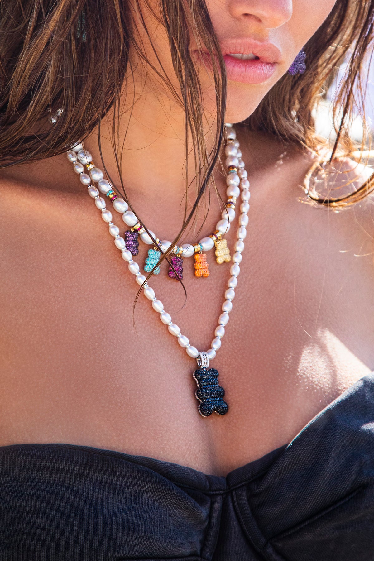 Verstellbare XL Mood Yummy Bear Halskette mit Perlen – Silber 